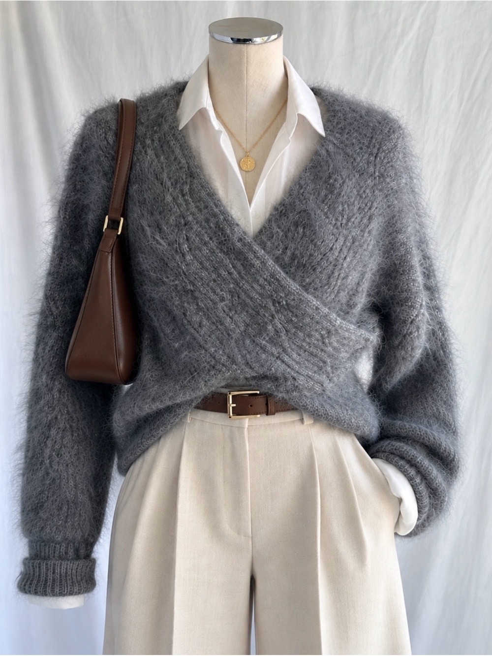 Soft & Fuzzy Angora Blend Grey Cable Knit Cross Sweater | Size M
